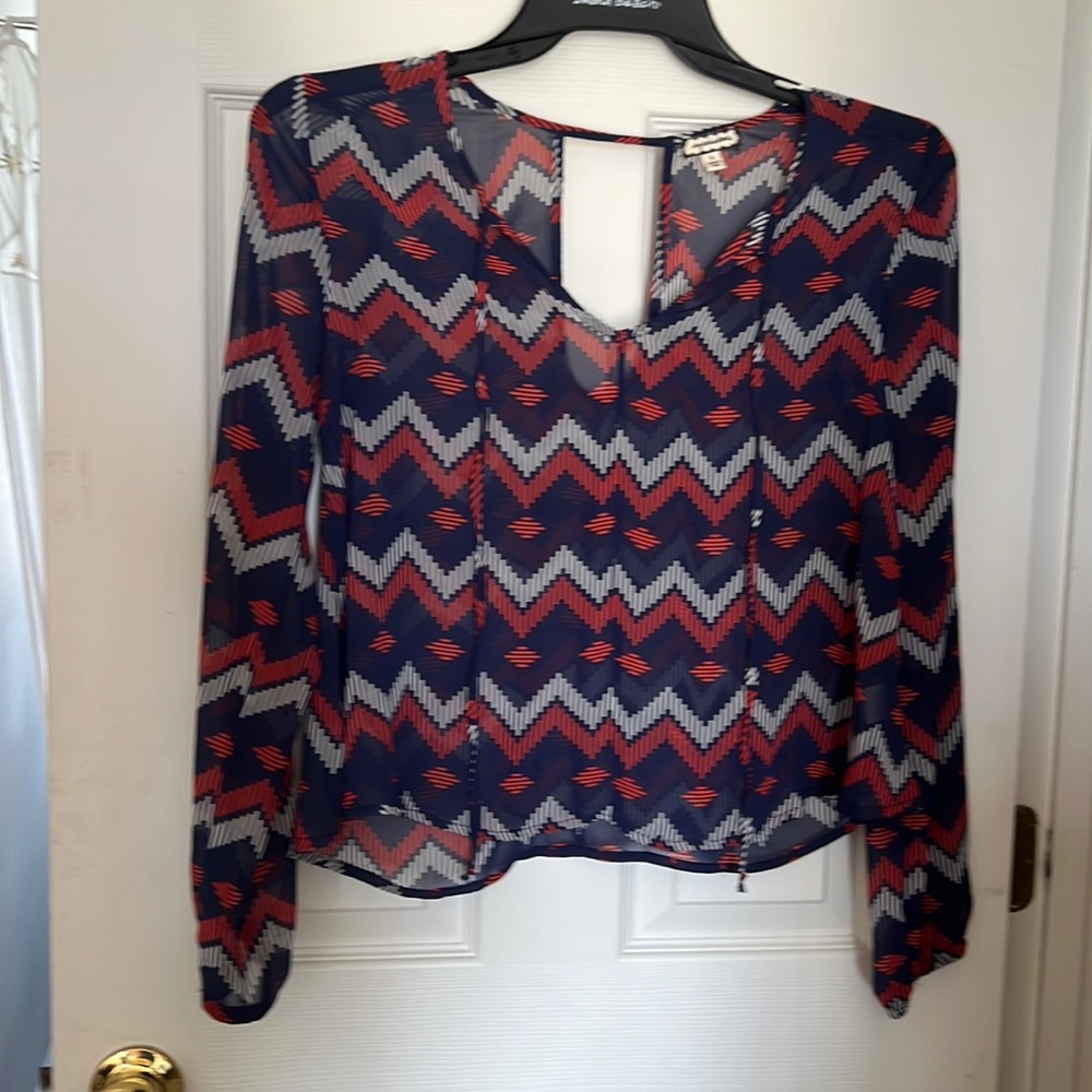 Mesh Loophole Bishop Shear Long Sleeve Blouse Size S
